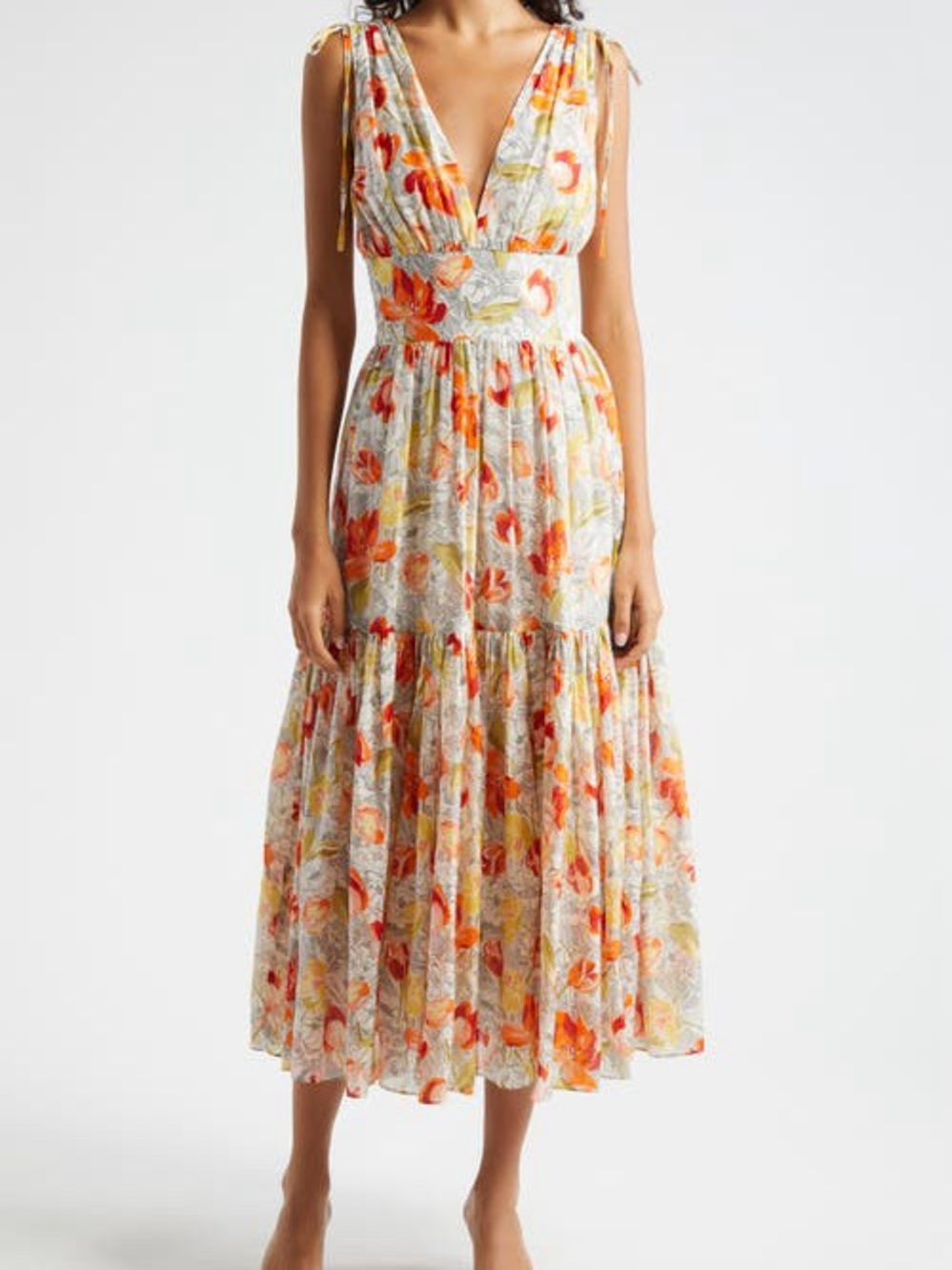 cinq a sept White Floral V-Neck Tiered Midi Dress — Orange & Yellow
